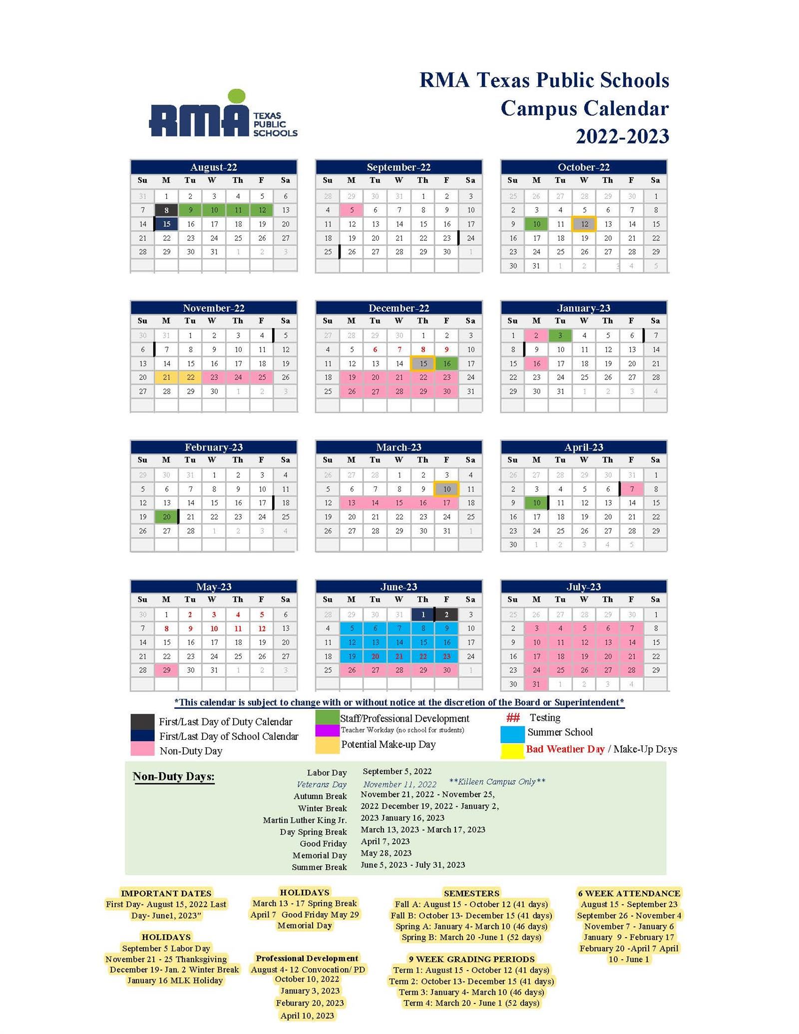 2022-2023 School Year Calendar / 2022-2023 RMA School Year Calendar